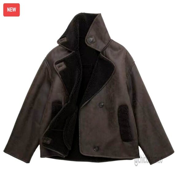 Oversized Faux Suede Moto Jacket Sherpa Lined Winter Biker Coat Y2K Retro - Picture 3 of 7